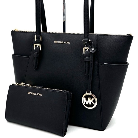 Michael Kors Large Charlotte Tote Bag & Large Double Zip Wallet Black - Picture 1 of 15